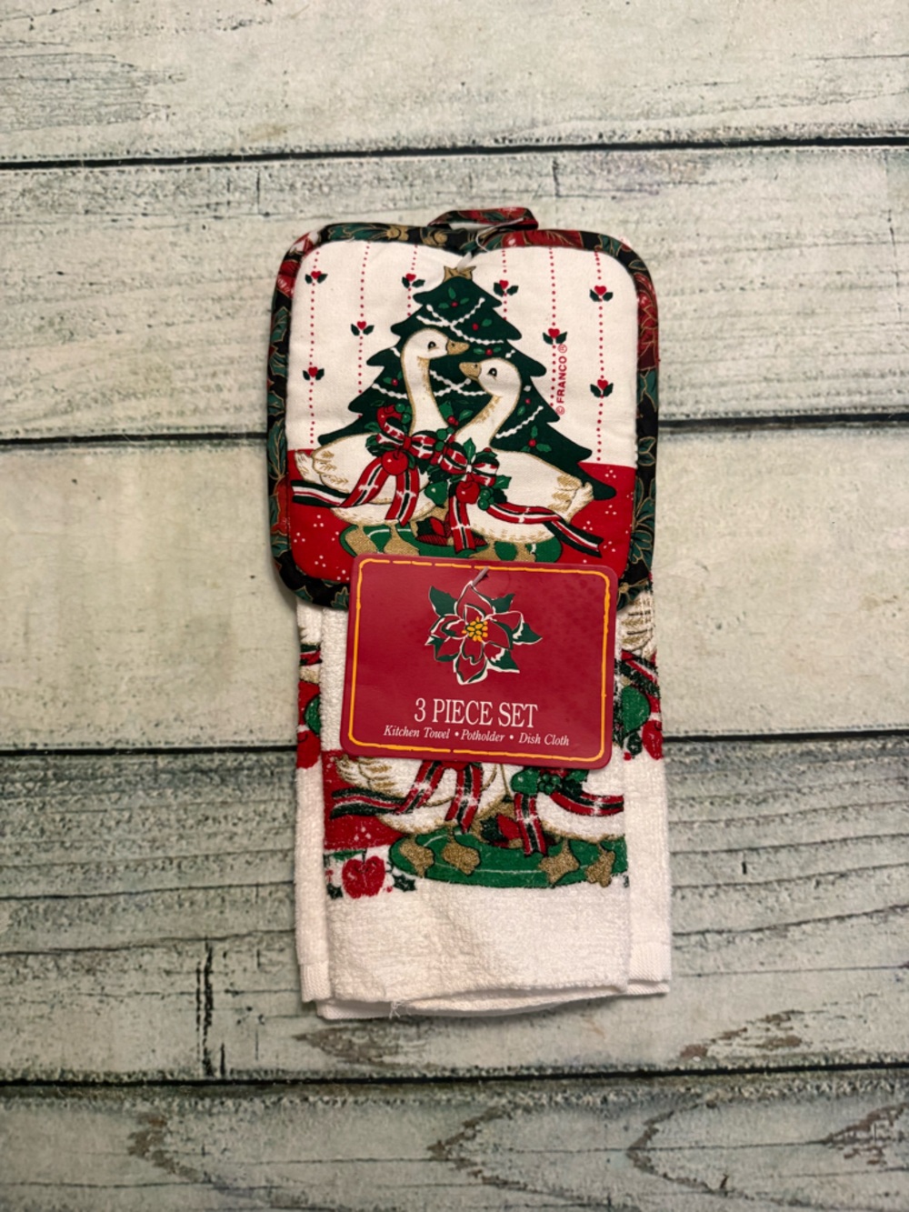 Vintage NWT Christmas goose 3 pc. kitchen hand towel wash towel and pot holder.
